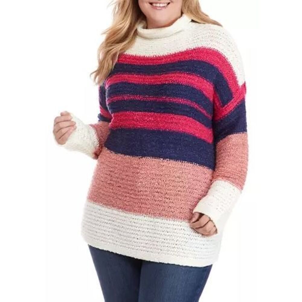 True Craft‎ MocK Neck Knit Tunic Sweater Cozy Warm Colorful Striped Size OX